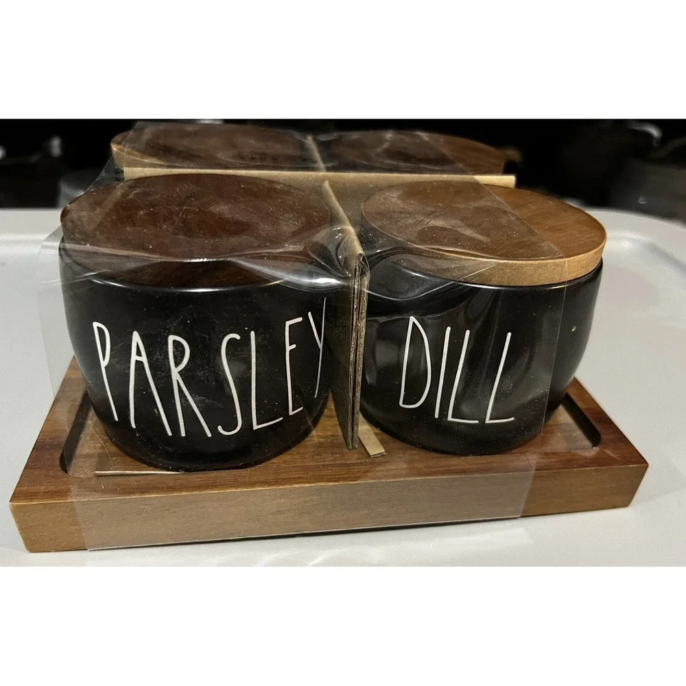 Rae Dunn Artisan Collection Wood Tray 4 Basil Thyme Dill Parsley Spice Jars (4)